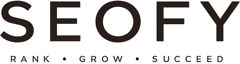 The logo for SEOFY is displayed on a solid white background, featuring the brand name 'SEOFY' in a bold, black sans-serif font, with the tagline 'RANK • GROW • SUCCEED' written in smaller uppercase letters underneath.